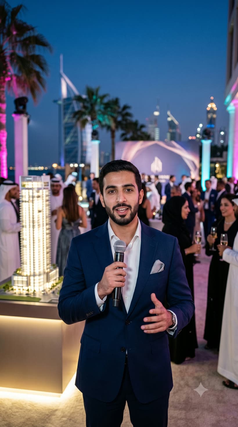 A creator filming in a striking Dubai space, framed in the INVESPY NEXT doorway.